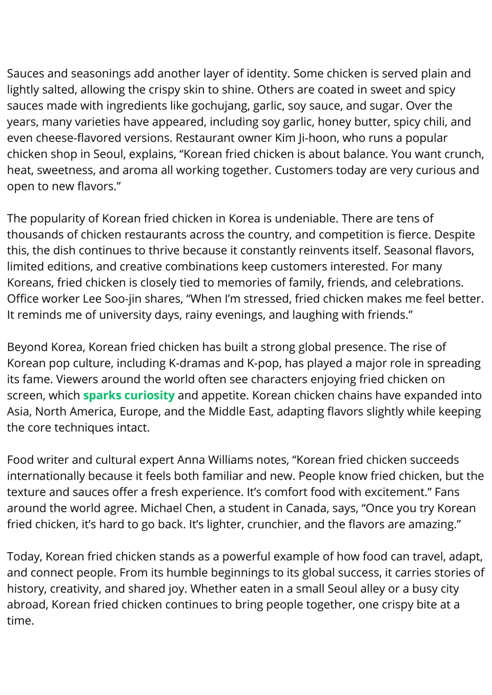 ESL reading passage conclusion: Korean fried chicken sauces, popularity in Korea, and global cultural reach.