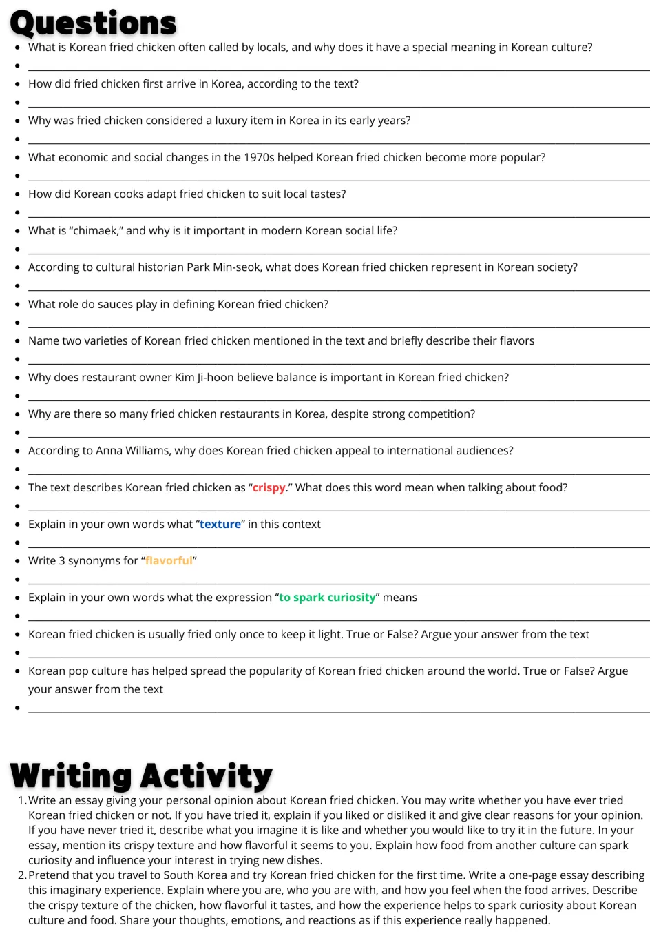 Reading response page: 18 comprehension and vocabulary questions plus two Korean fried chicken essay prompts.