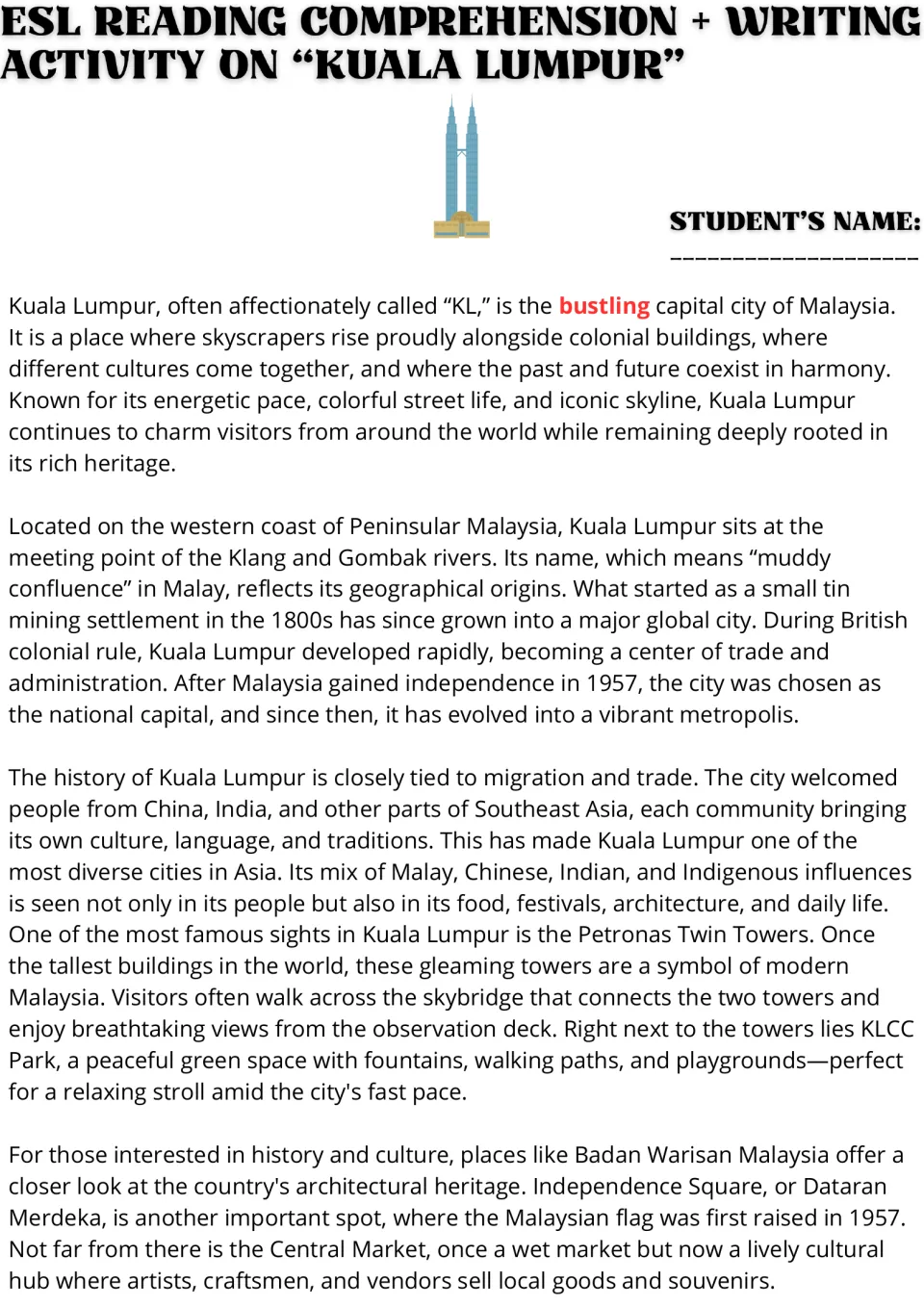 Reading passage opening: Kuala Lumpur's location, history, cultural diversity, and Petronas Twin Towers.
