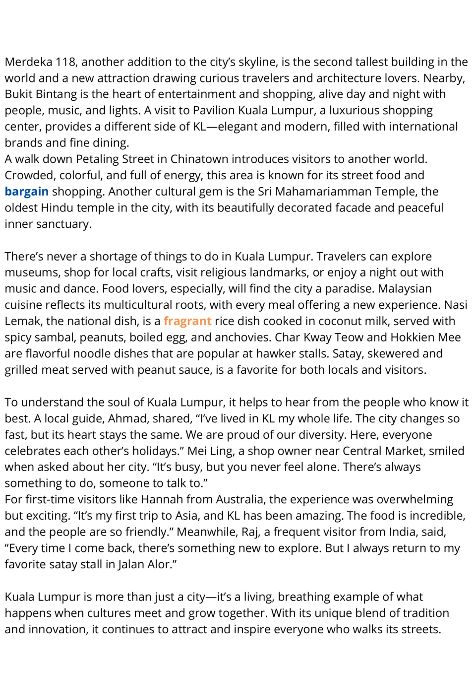 Reading passage continuation: Kuala Lumpur's shopping, temples, food, and local and visitor perspectives.