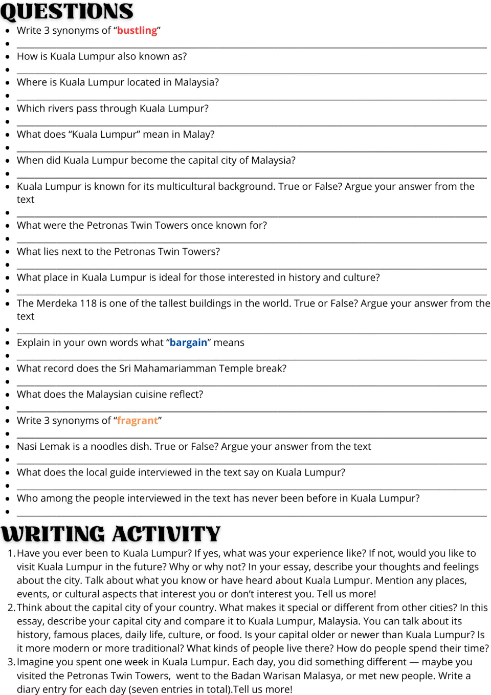 Kuala Lumpur reading follow-up: 18 comprehension and vocabulary questions plus three essay and diary prompts.