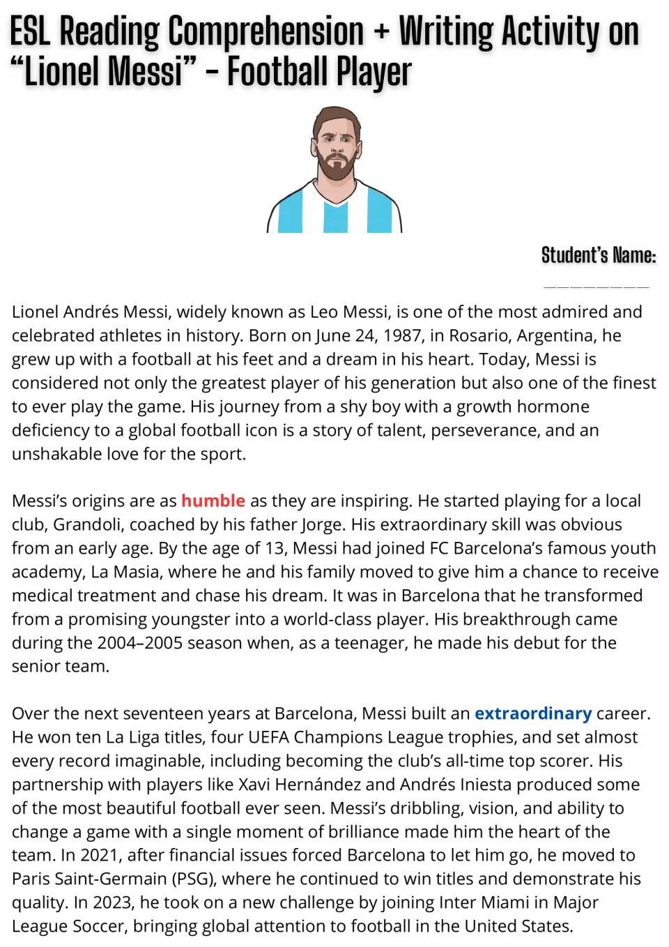 Messi reading passage, part 1: students read about his Rosario childhood, La Masia training and Barcelona career