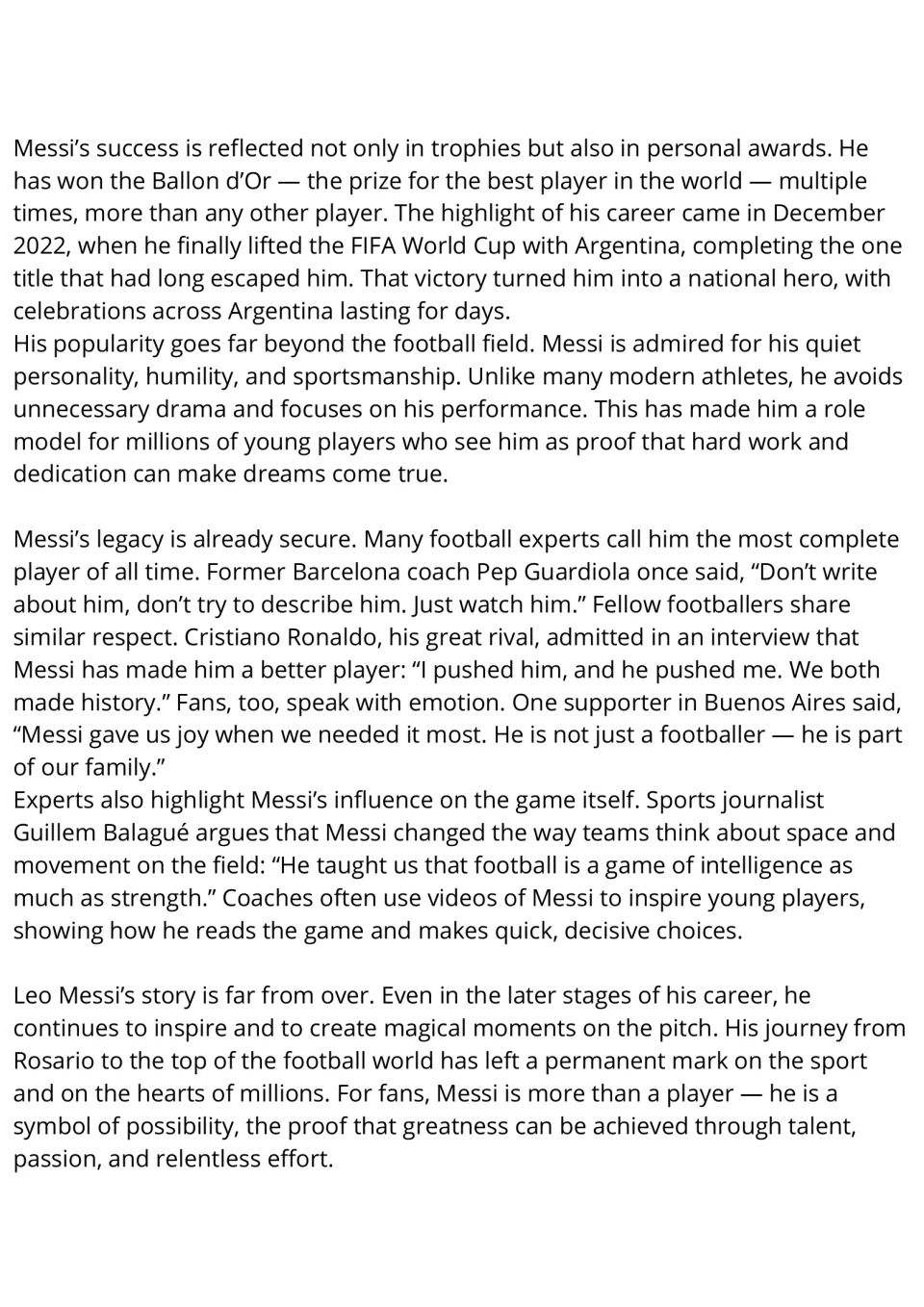 Messi reading passage, part 2: World Cup win, Ballon d'Or awards and quotes from Guardiola, Ronaldo and fans on his legacy