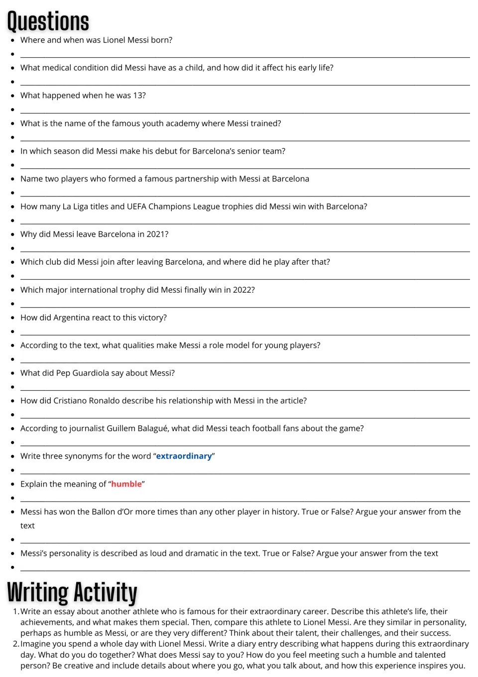 19 comprehension questions on the Messi text, vocabulary and true/false items, then two essay or diary writing prompts