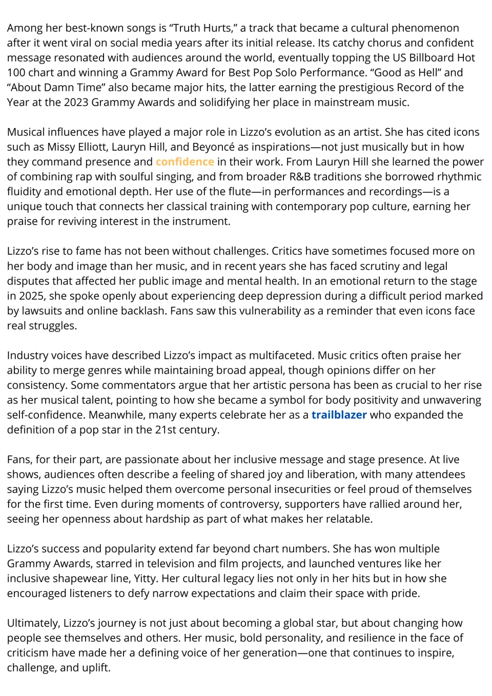 Lizzo reading, part 2: hits like Truth Hurts, influences, recent struggles, and critic and fan views of her impact