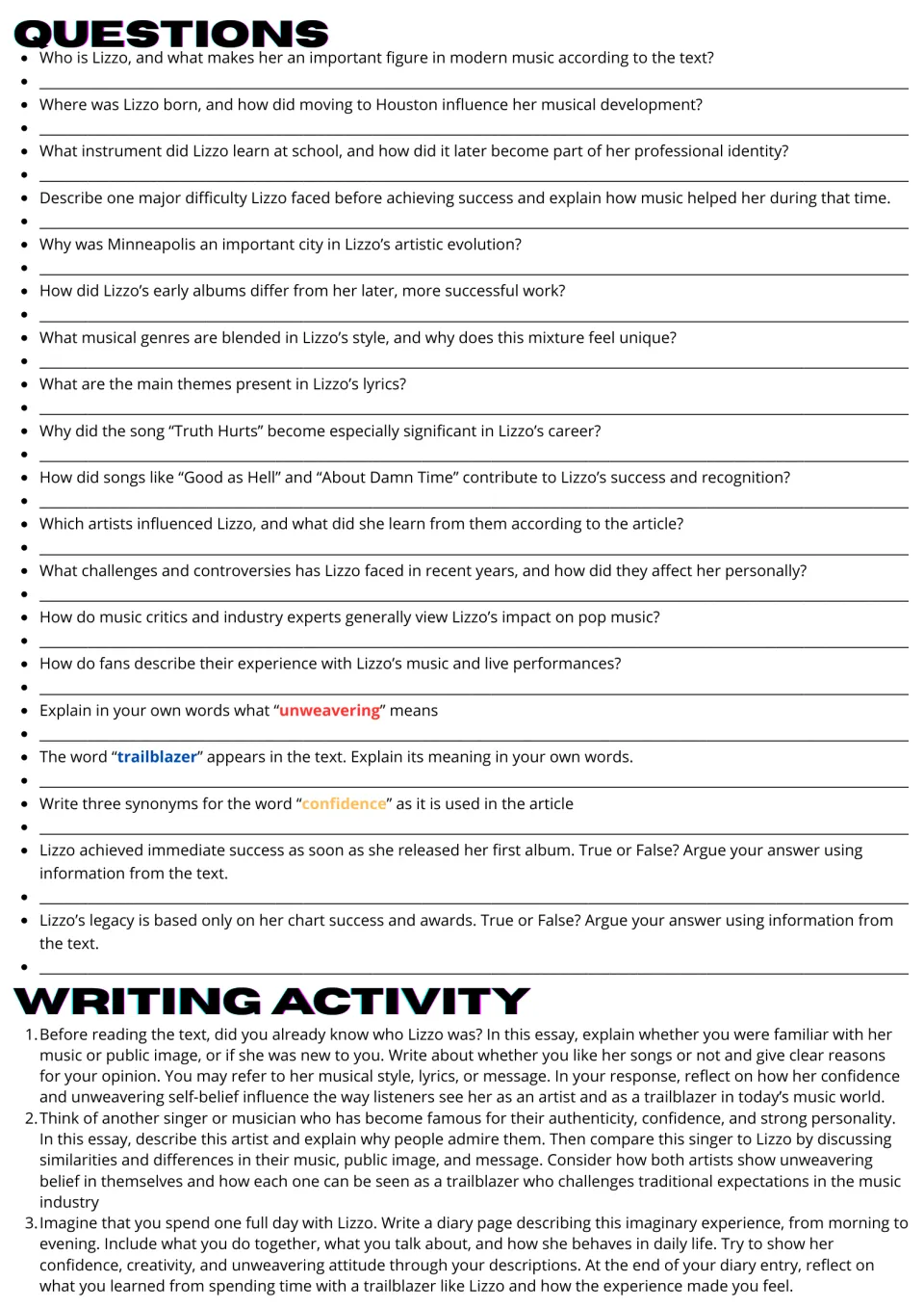 Lizzo comprehension: 19 questions with vocabulary and true-or-false items, then 3 essay and diary writing prompts