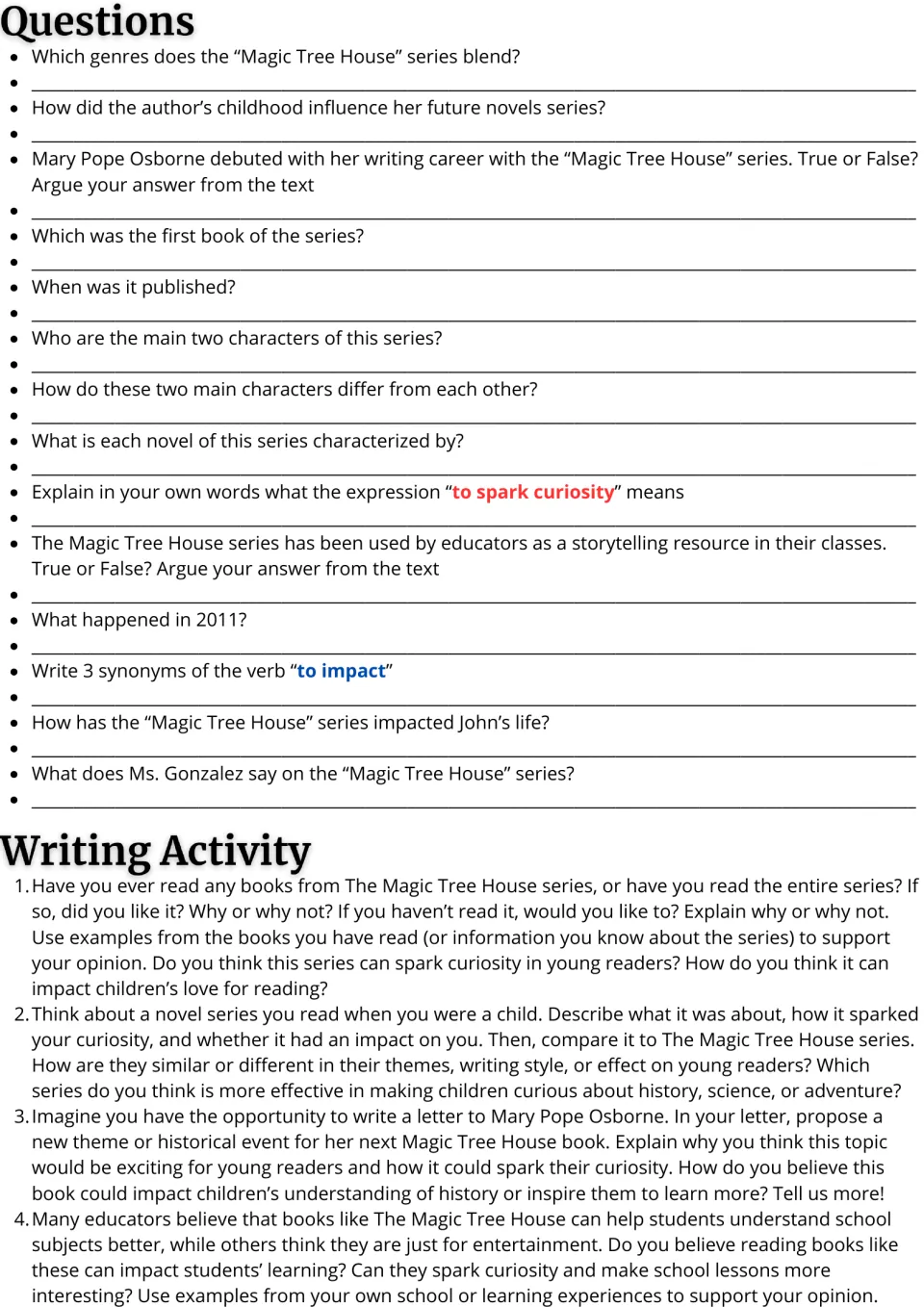 Text questions: students answer 14 comprehension and vocabulary items, then 4 opinion or letter-writing prompts