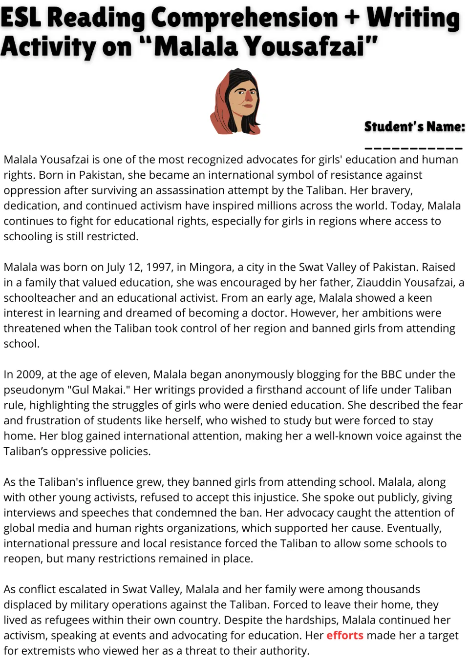 Malala Yousafzai reading passage, part 1: students read about her childhood in Swat Valley, BBC blog and Taliban school ban
