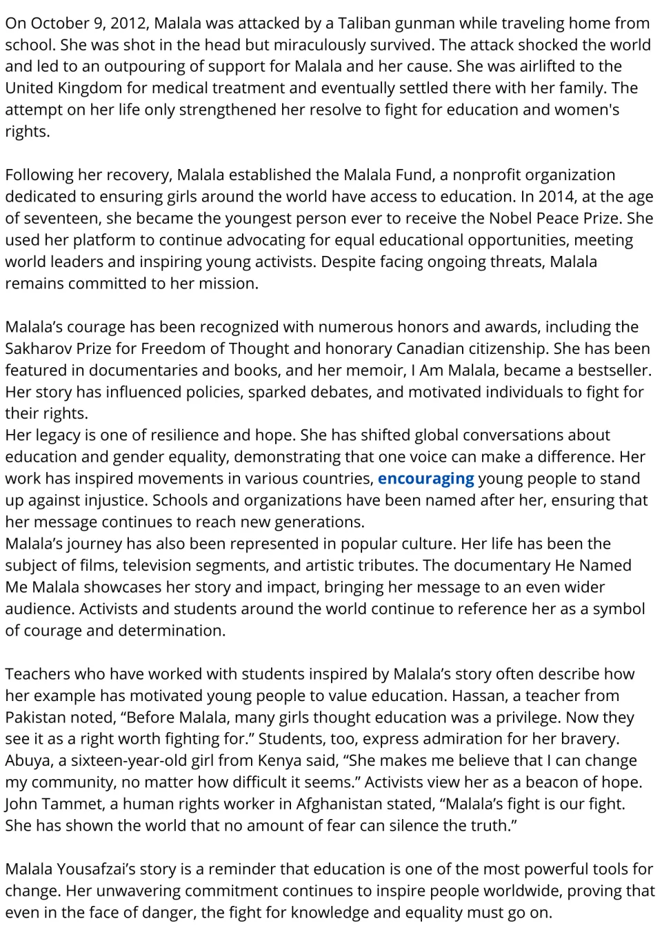 Malala passage, part 2: students read about the 2012 attack, Malala Fund, Nobel Peace Prize and quotes on her legacy