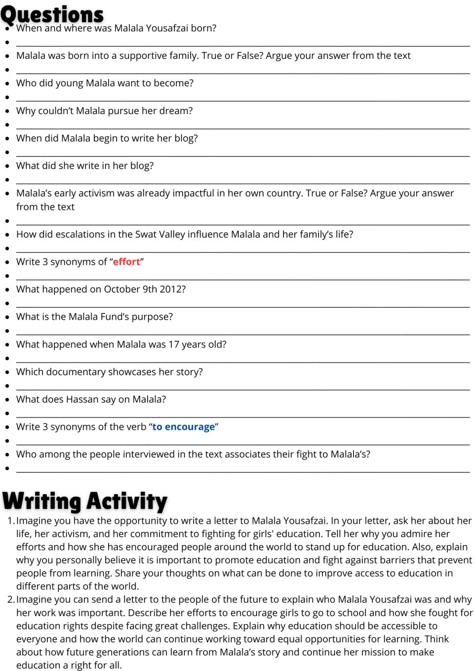 Malala questions: students answer 16 comprehension, true-or-false and synonym items, then write letters for two prompts