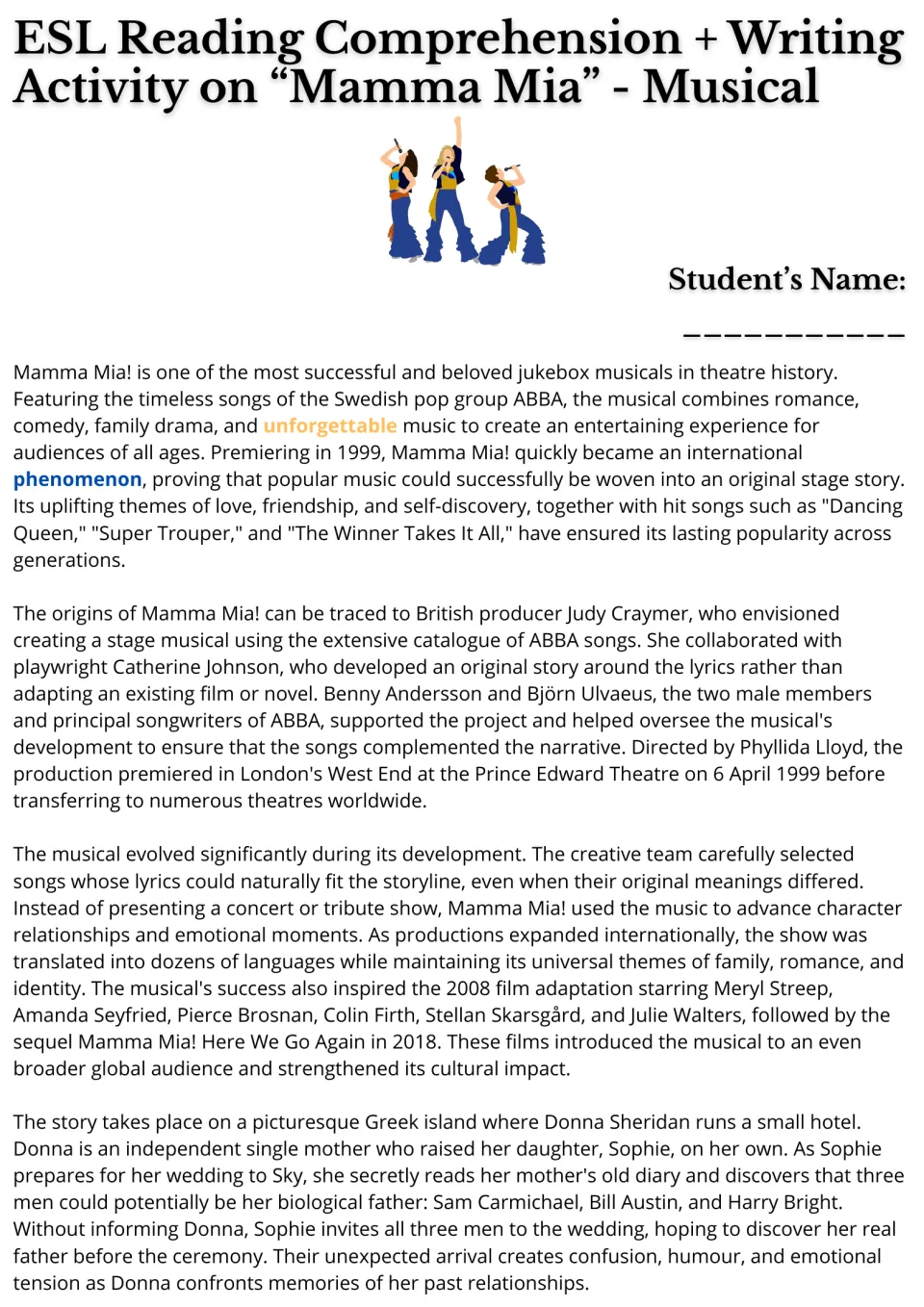 Mamma Mia! reading passage, part 1: students read about ABBA songs, the 1999 premiere, the films and the Greek island plot