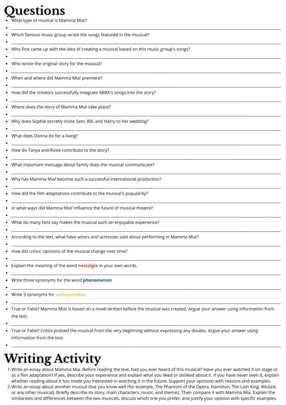 Comprehension questions on the musical, vocabulary synonyms, true-or-false arguments and two opinion and comparison essays
