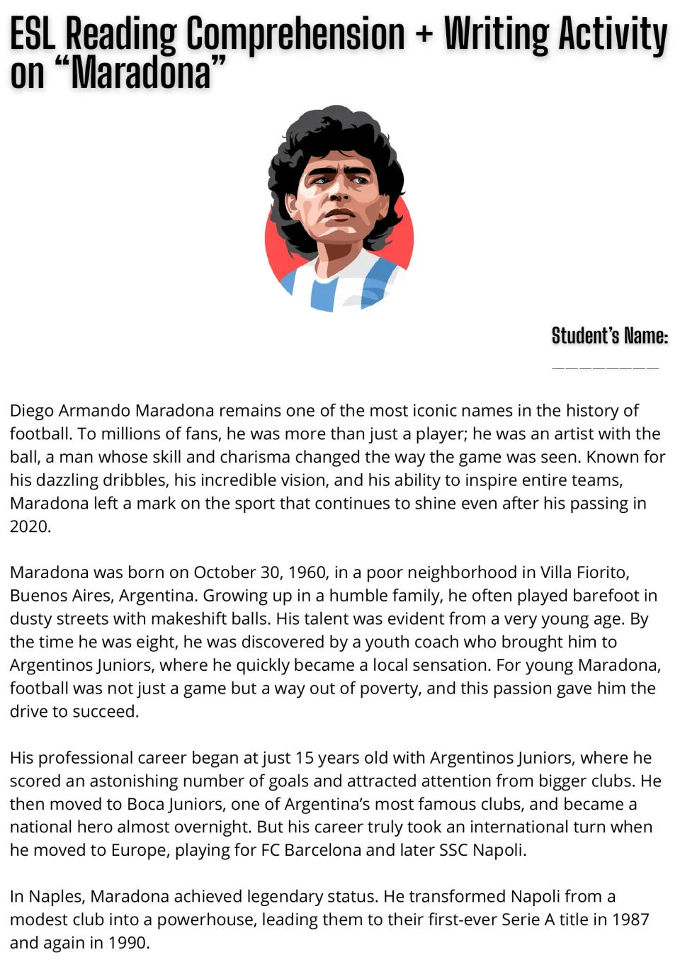 ESL reading passage opening: Maradona's childhood, early soccer career, and Serie A titles with Napoli.