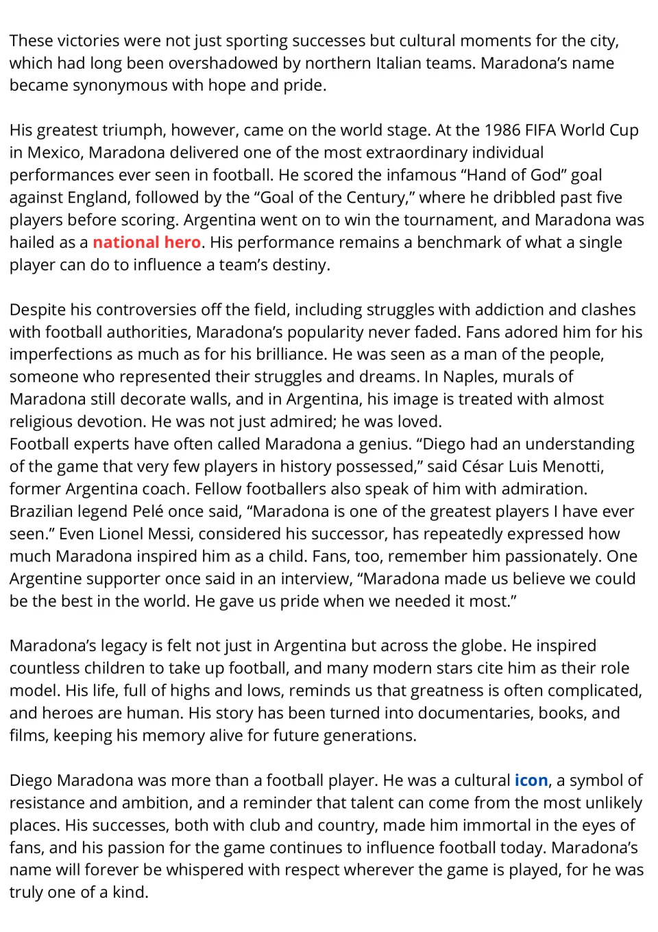 ESL reading passage conclusion: Maradona's 1986 World Cup goals, popularity, personal challenges, and legacy.