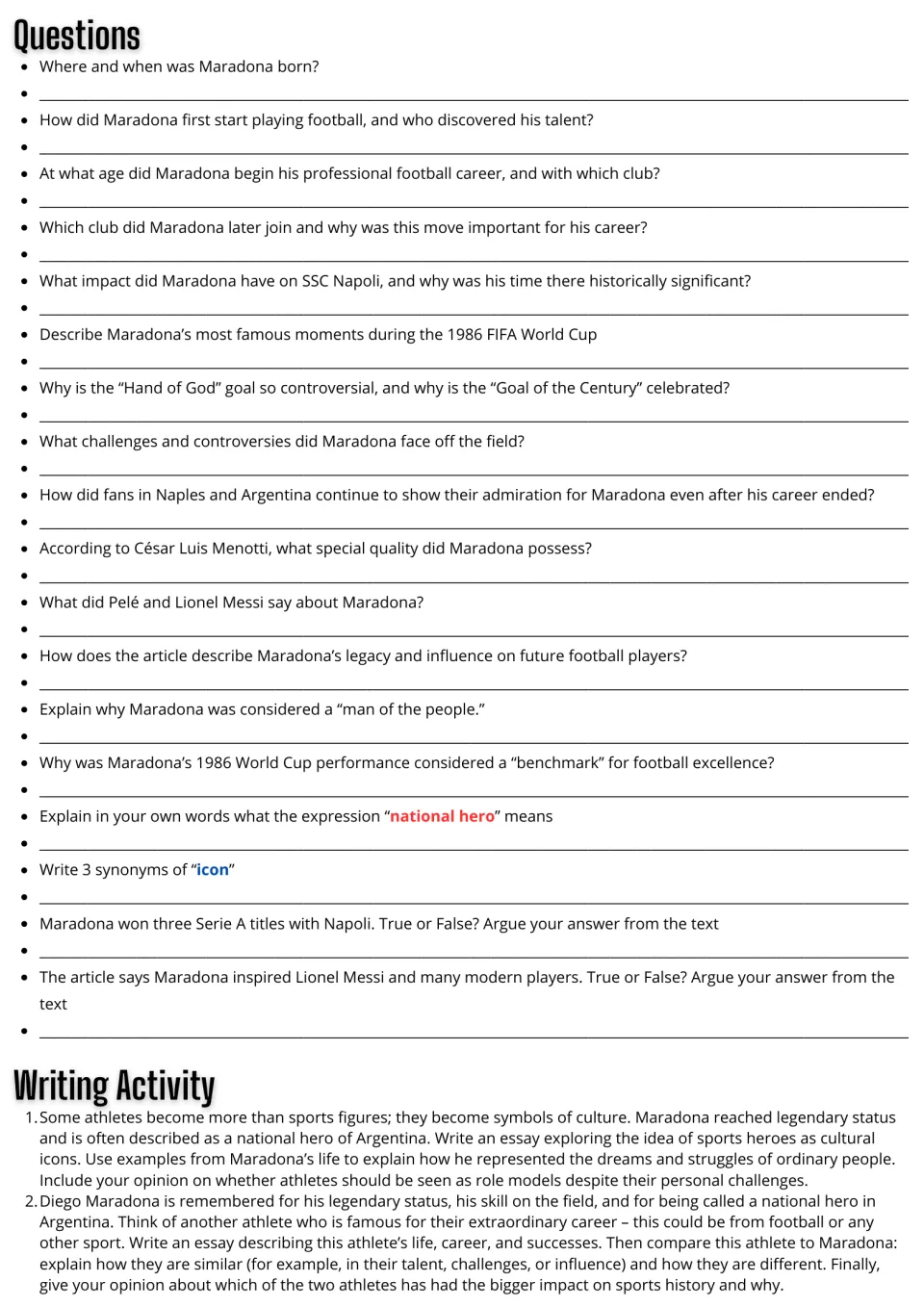 Reading response page: 18 questions on Maradona and two essay prompts on sports heroes and athlete comparisons.