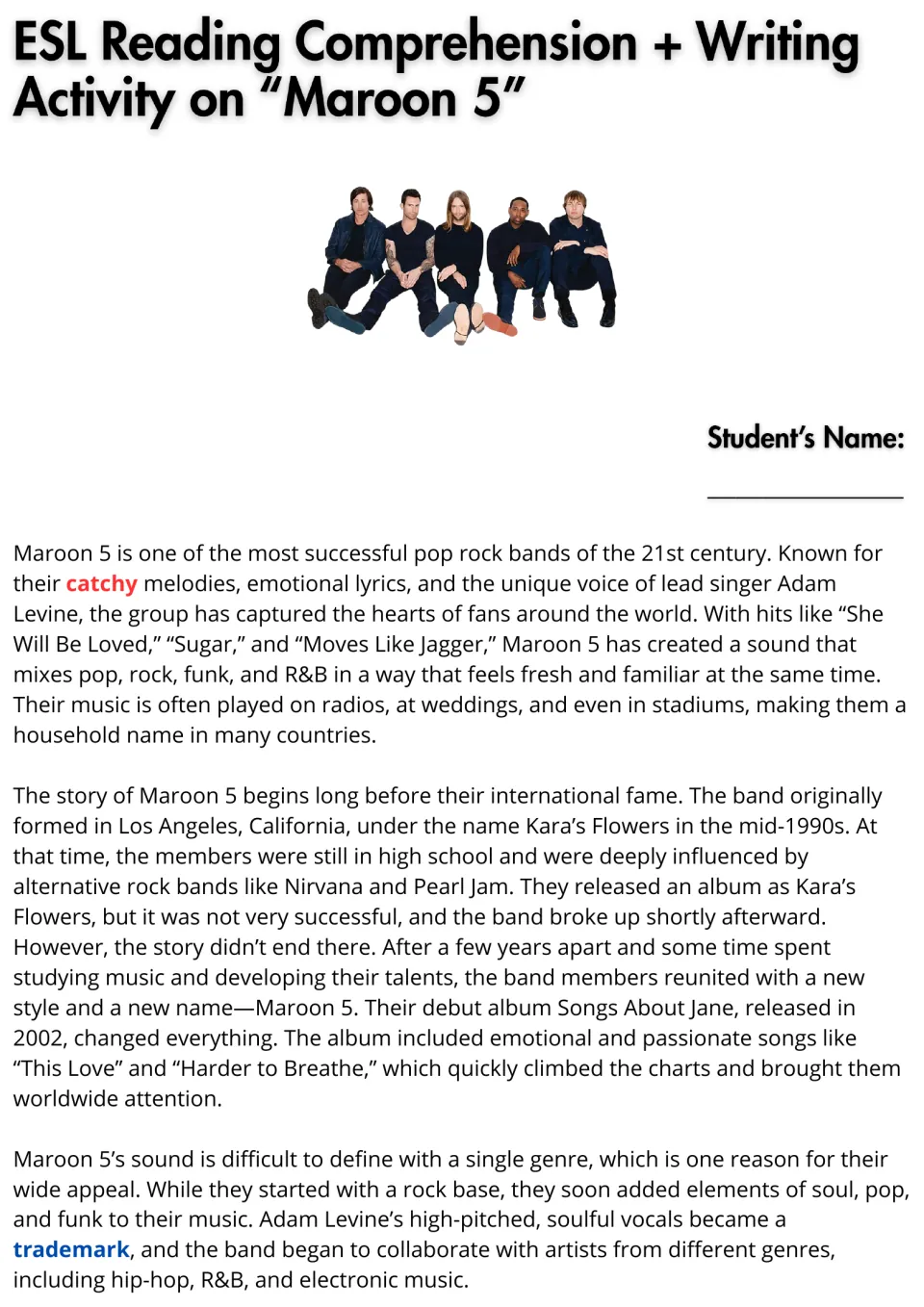 Opening reading passage on Maroon 5: Kara’s Flowers, Songs About Jane, and the band’s musical influences.