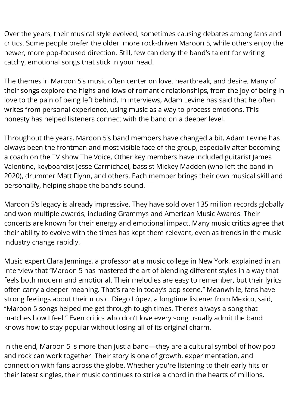 Maroon 5 reading passage continued: changing musical style, song themes, band members, and lasting success.
