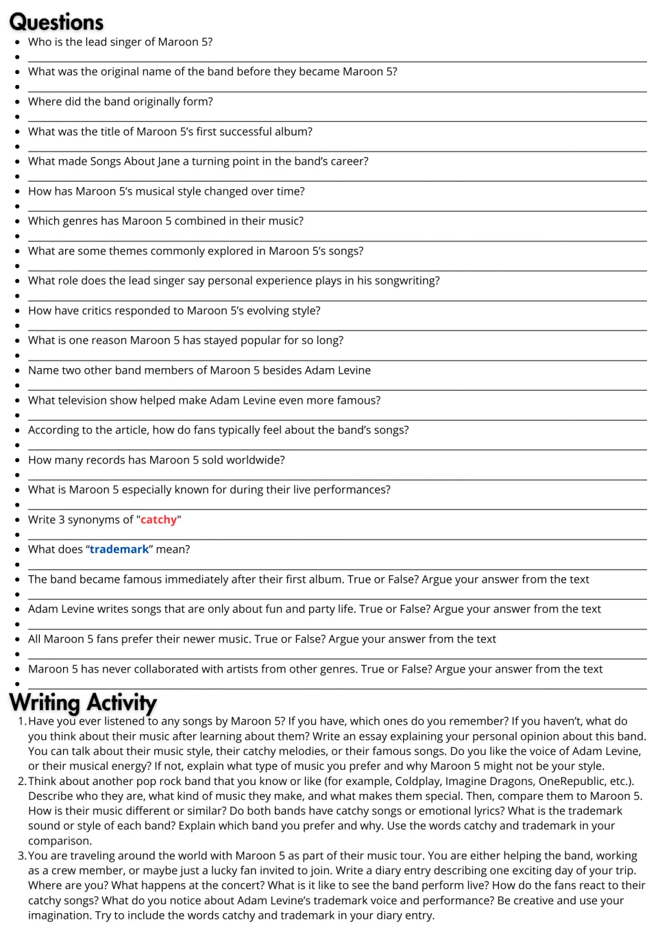 Maroon 5 follow-up: 22 comprehension and vocabulary questions plus opinion, comparison, and diary writing prompts.