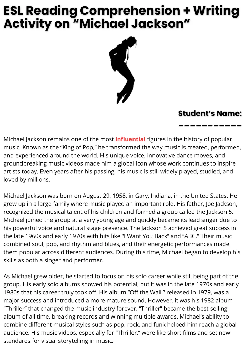 ESL reading passage, part 1: Michael Jackson’s childhood, the Jackson 5, Off the Wall, and Thriller
