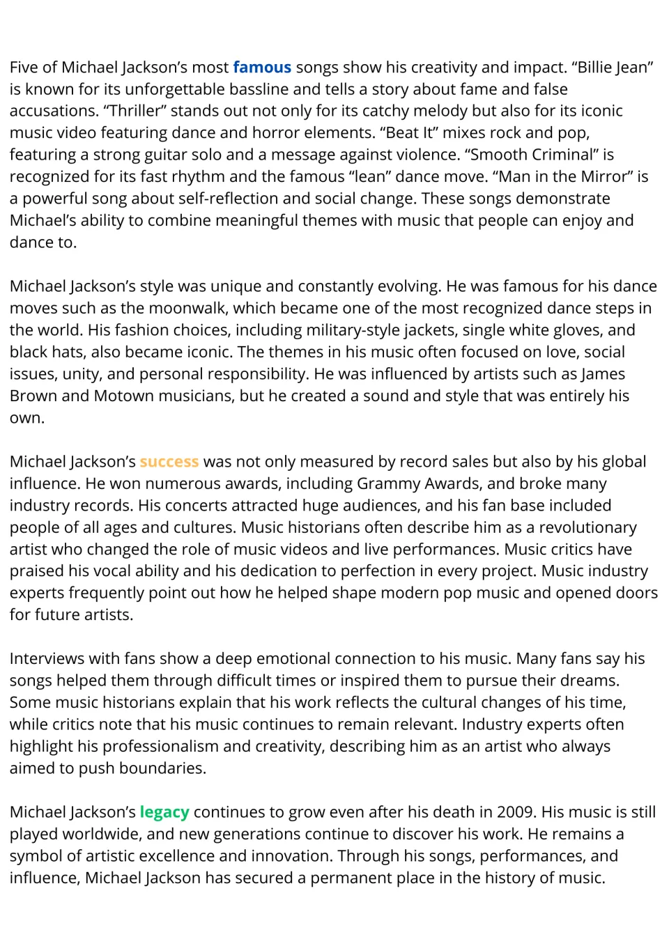 ESL reading passage, part 2: Michael Jackson’s famous songs, dance moves, musical influence, and legacy