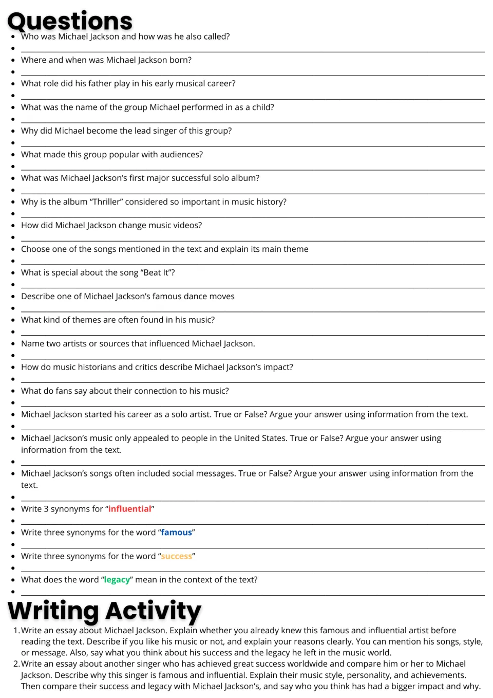 Reading follow-up: 23 comprehension and vocabulary questions about Michael Jackson and two essay prompts