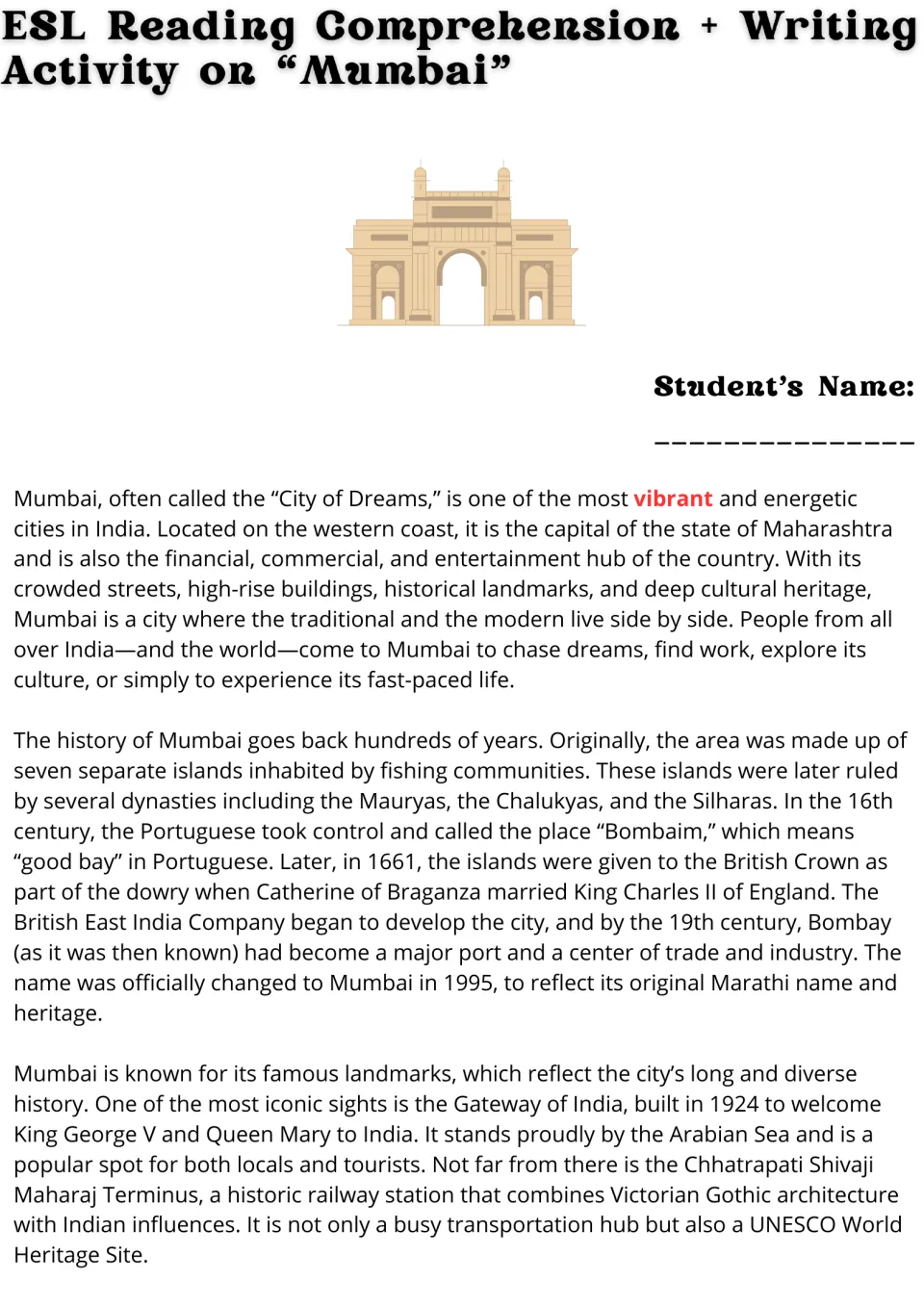 Mumbai reading passage, part 1: the city's location, seven-island origins, history, and famous landmarks