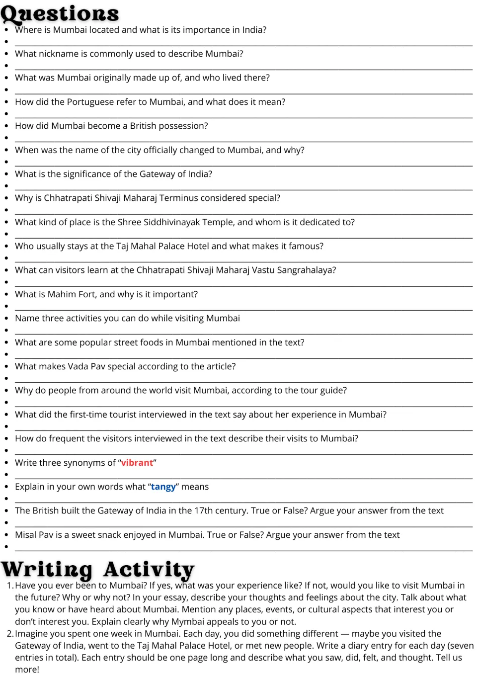 Mumbai passage follow-up: 22 comprehension and vocabulary questions, a personal essay, and a diary prompt