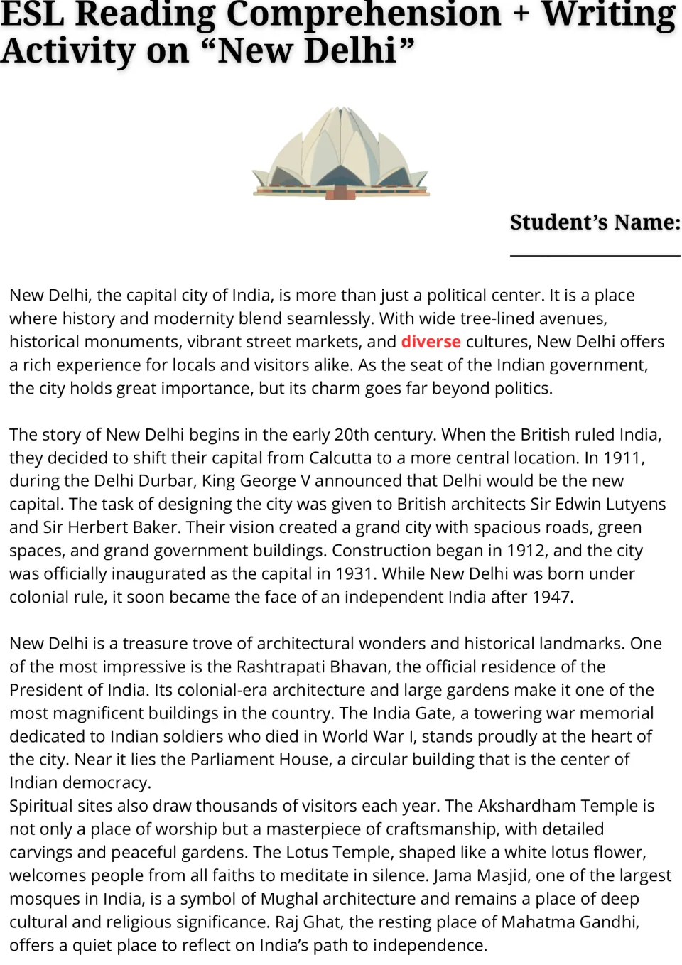 New Delhi reading passage, part 1: the city's history, capital designation, landmarks, and spiritual sites.
