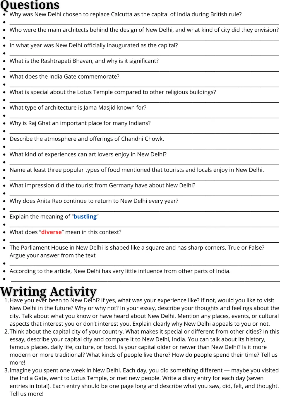 New Delhi follow-up: 17 comprehension questions and three writing prompts on travel, capitals, and a diary.