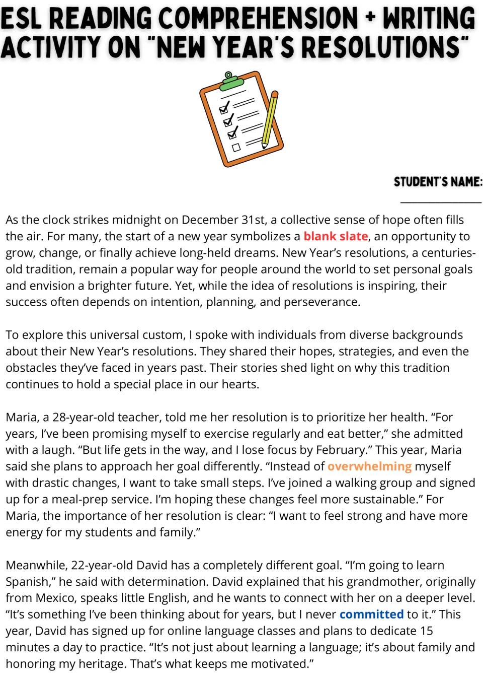 New Year's resolutions reading passage: students read interviews with Maria and David, with key vocabulary highlighted