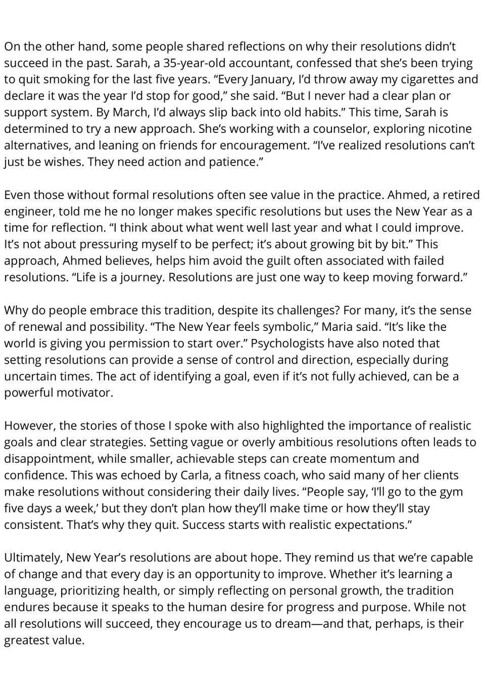 Resolutions passage continued: students read why Sarah's goals failed, Ahmed's reflections and coach Carla's advice