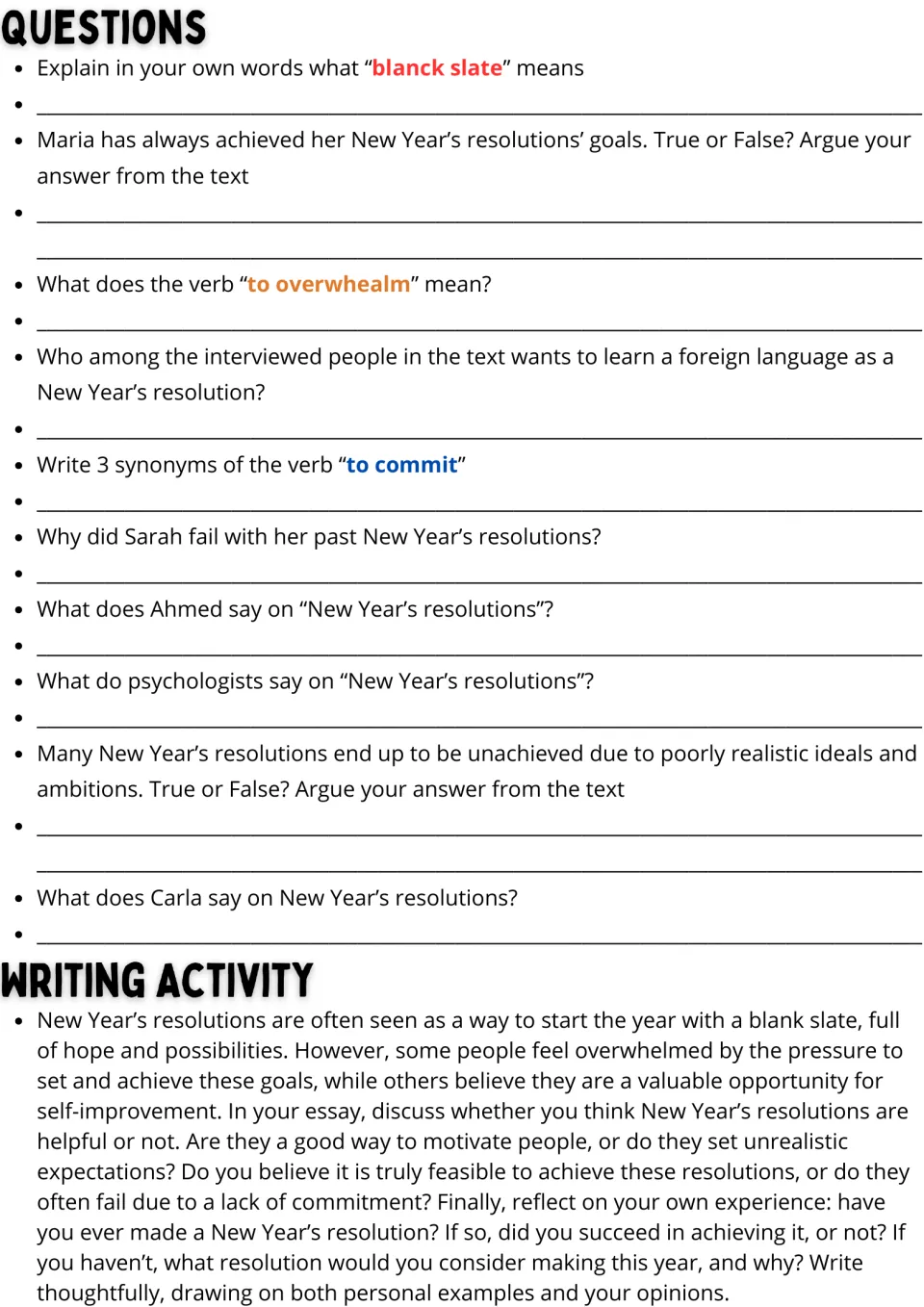 Resolutions comprehension: students answer 10 questions on vocabulary and speakers' views, then write an opinion essay