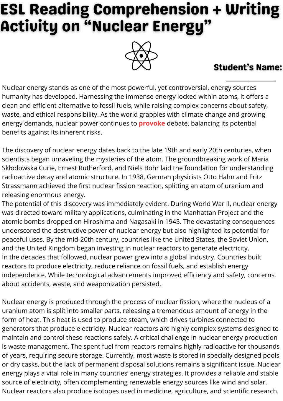 Opening reading passage on nuclear energy: its history, nuclear fission, electricity production, and waste.