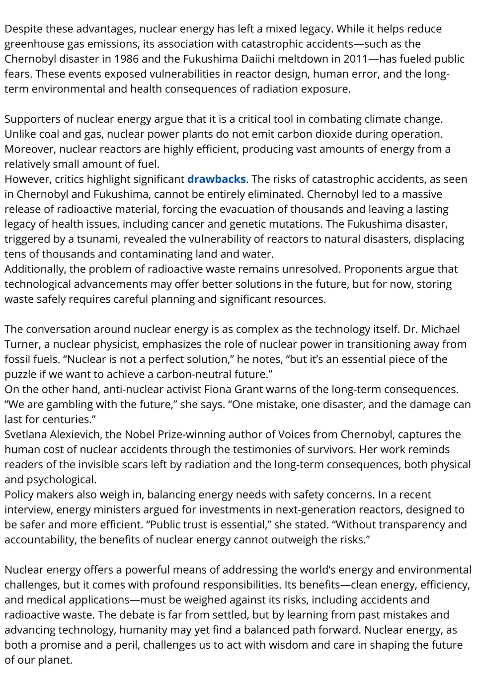 Reading passage continuation on nuclear energy: Chernobyl, Fukushima, climate benefits, and opposing views.