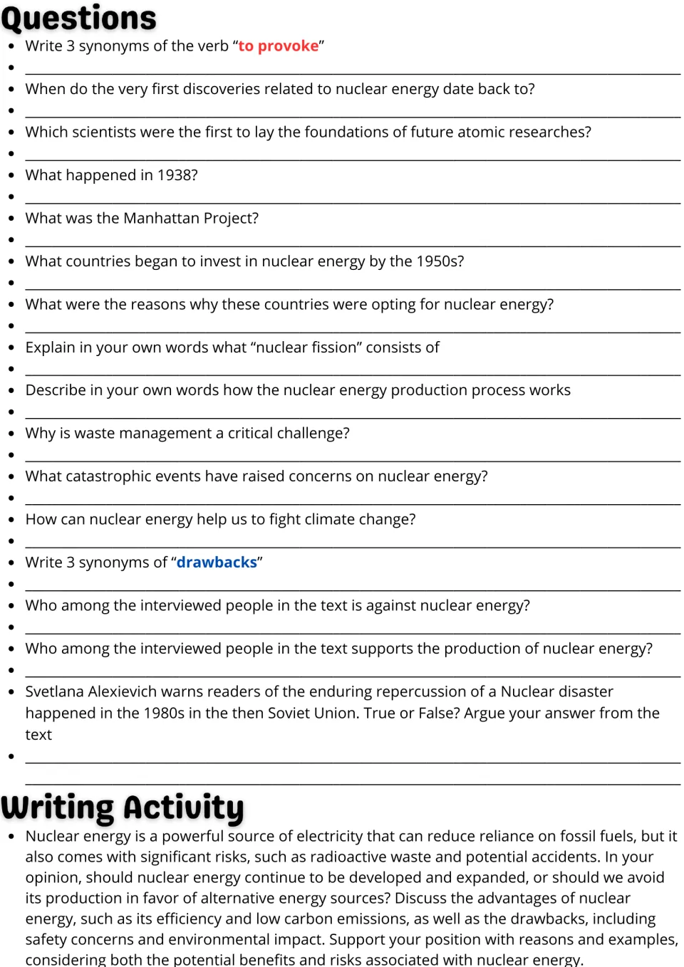Follow-up practice: 16 comprehension and vocabulary questions plus an opinion writing prompt on nuclear energy.