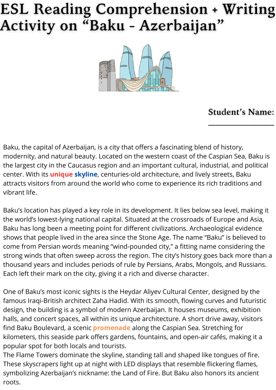 Baku reading passage, part 1: location, history, Heydar Aliyev Cultural Center, and the Flame Towers.