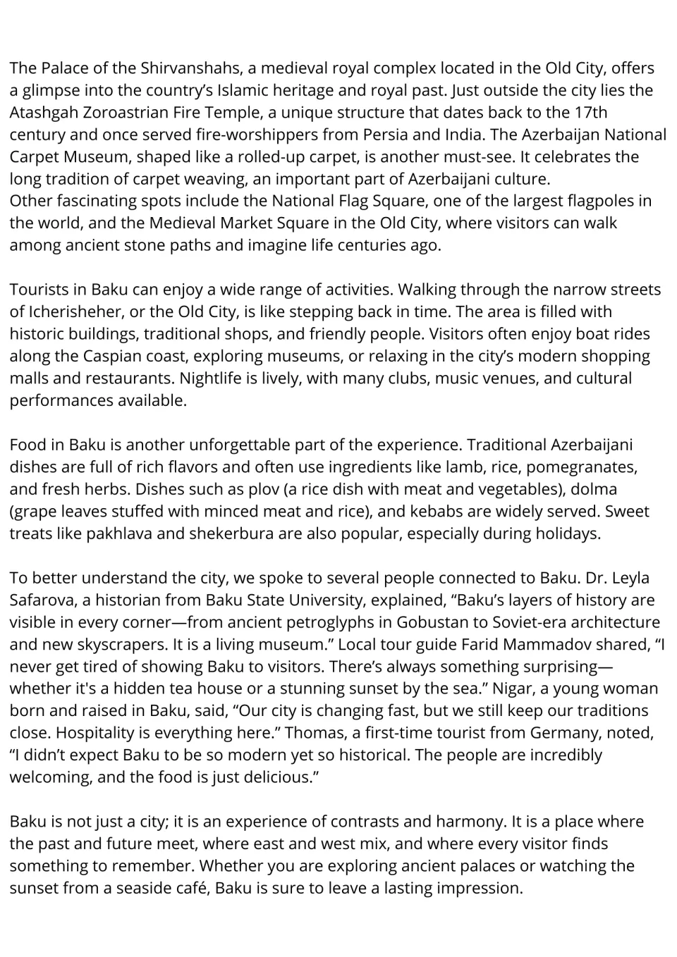 Baku reading passage, part 2: historic sites, tourist activities, traditional food, and interview quotes.