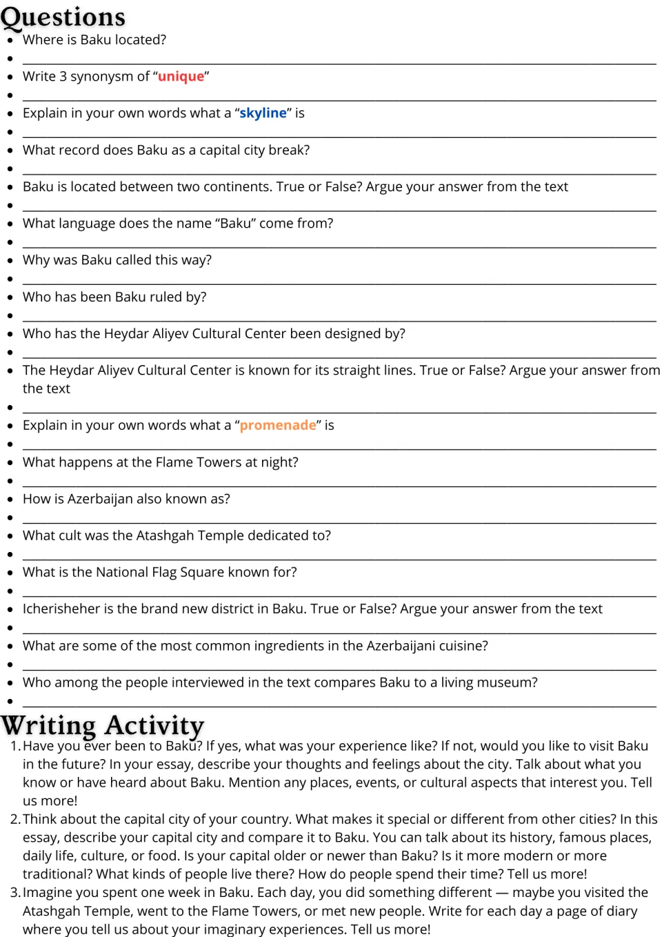 Baku comprehension practice: 18 questions and three writing prompts on visiting, comparing, and diary writing.