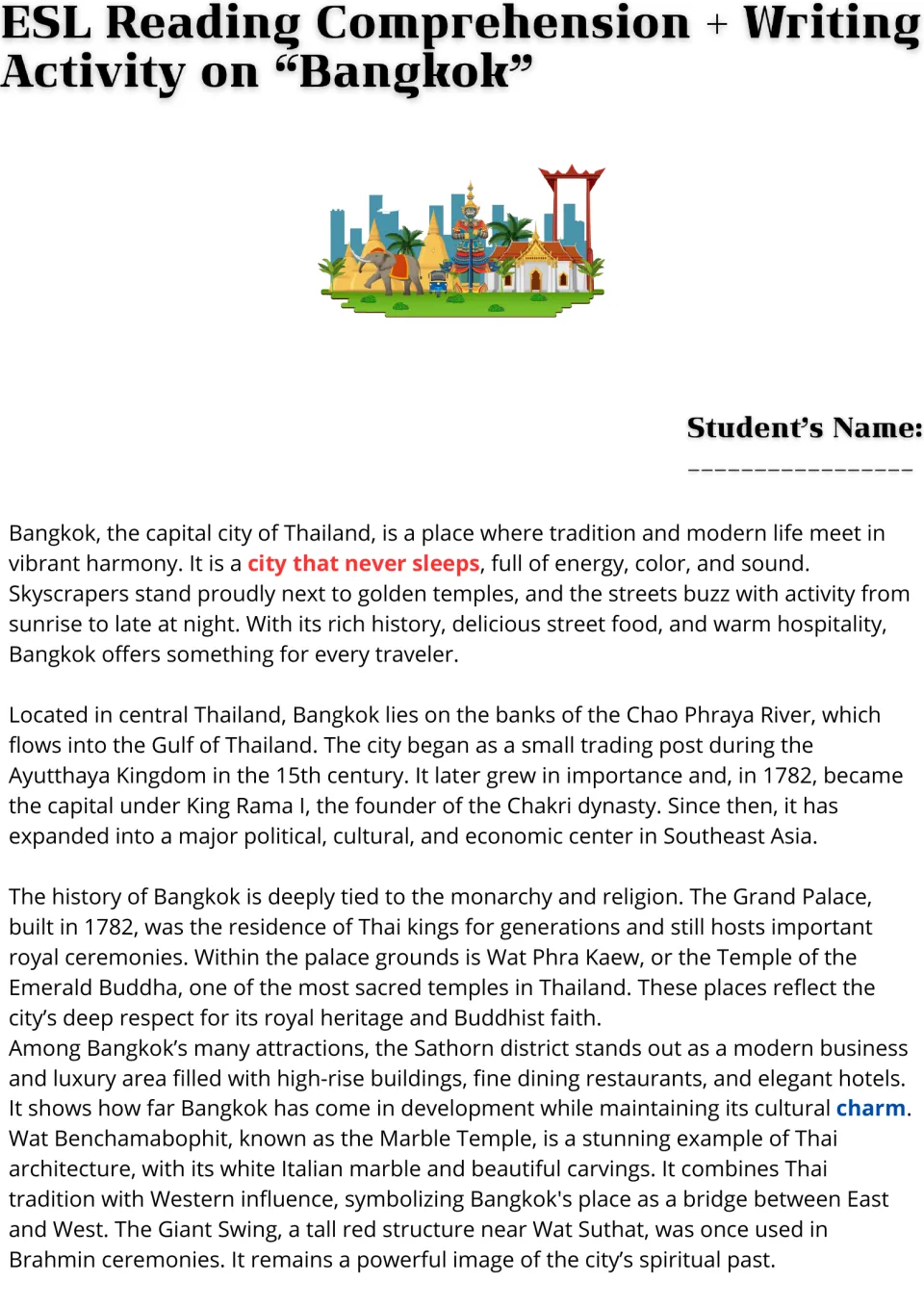Bangkok reading passage, part 1: Thailand's capital, its history, the Grand Palace, temples, and Giant Swing.