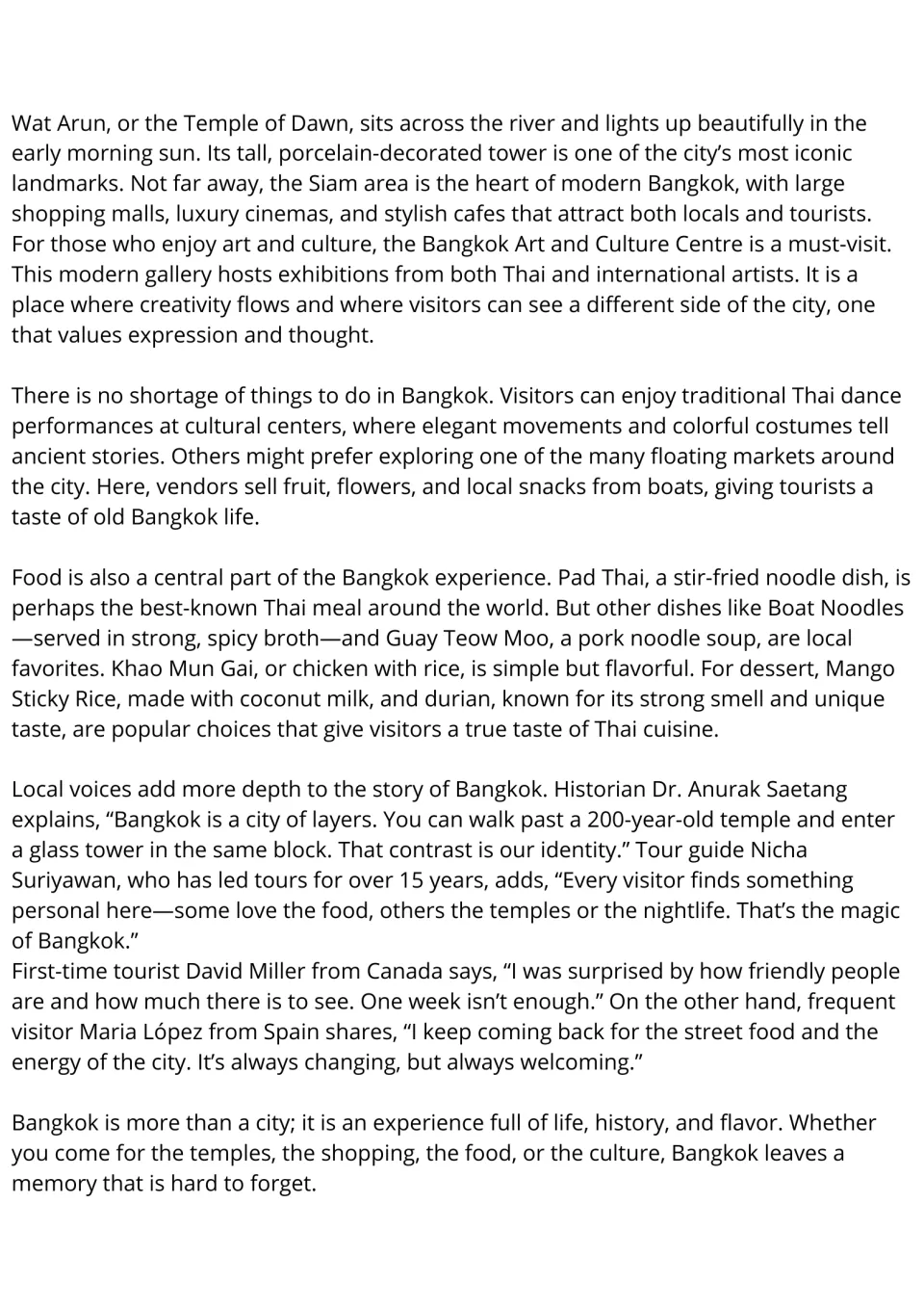 Bangkok reading passage, part 2: Wat Arun, shopping, art, floating markets, Thai food, and visitor accounts.