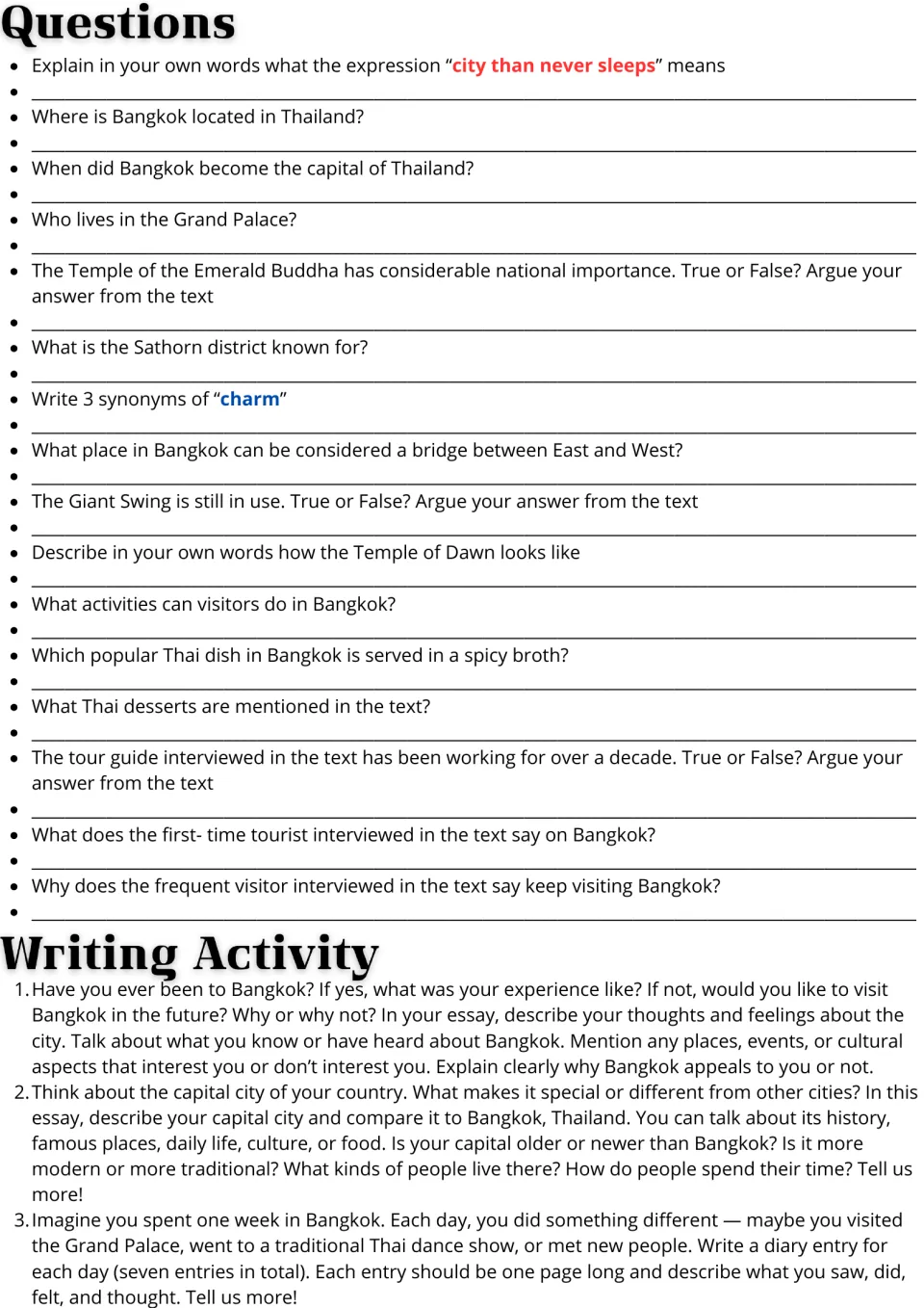 Bangkok follow-up: 16 comprehension questions and three writing prompts on travel, capitals, and diary entries.