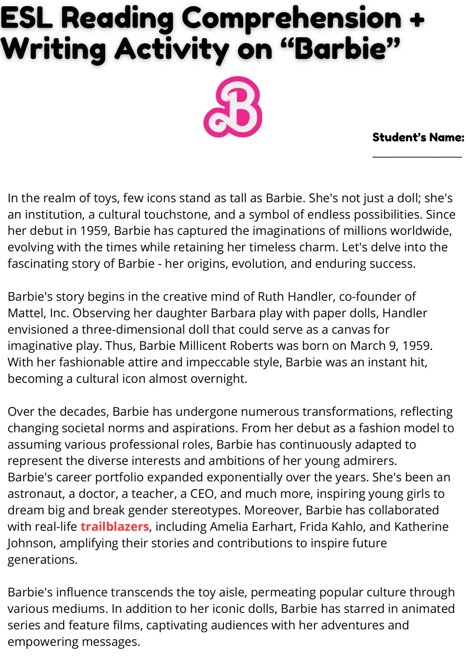 Barbie history reading passage: students read about Ruth Handler, the 1959 debut and Barbie's careers and trailblazers