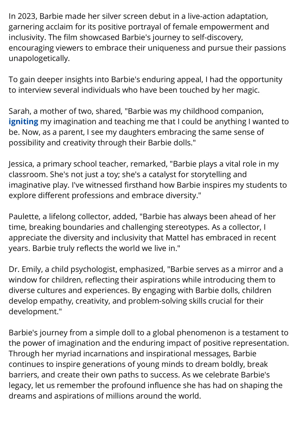 Barbie passage, part 2: students read about the 2023 film and interview quotes from Sarah, Jessica, Paulette and Dr. Emily