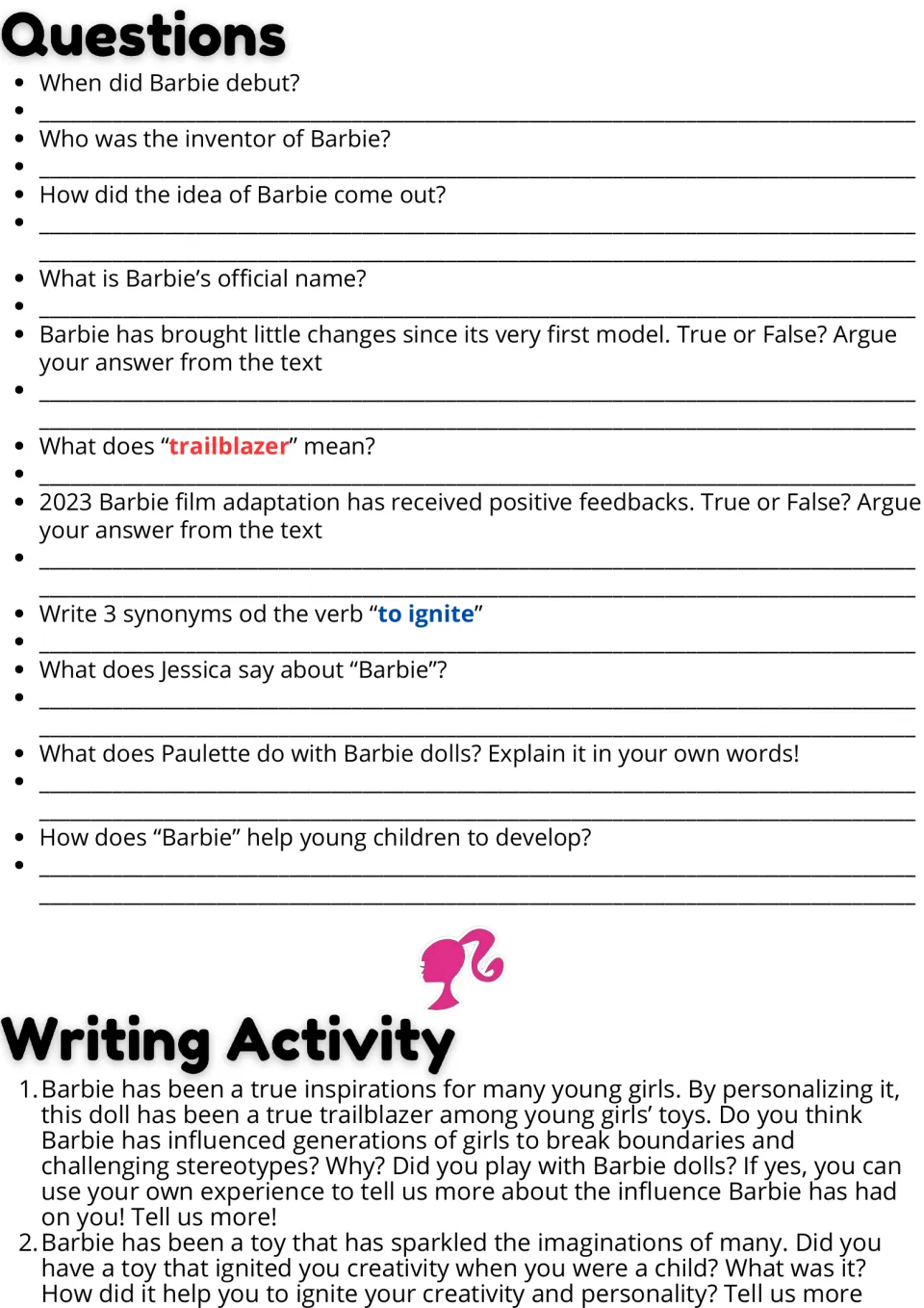 Barbie comprehension questions: students answer recall, true-or-false and vocabulary items, then write 2 opinion responses