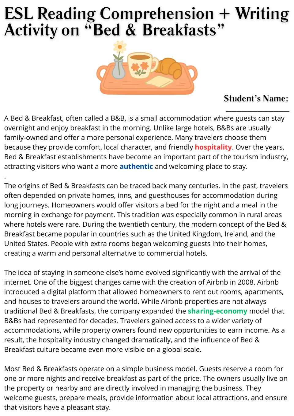 ESL reading passage, part 1: what B&Bs are, their origins, Airbnb's influence, and how owners run them.
