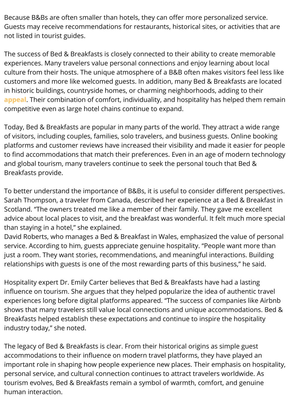 ESL reading passage, part 2: B&B service, popularity, traveler and host perspectives, and tourism legacy.
