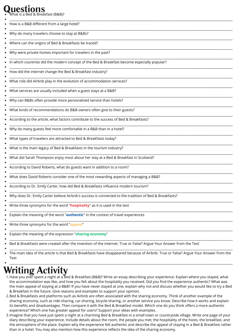 B&B reading follow-up: 26 comprehension and vocabulary questions plus three essay and diary writing prompts.