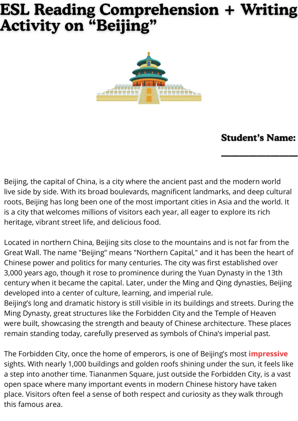 Beijing reading passage, part 1: location, imperial history, the Forbidden City, and Tiananmen Square.