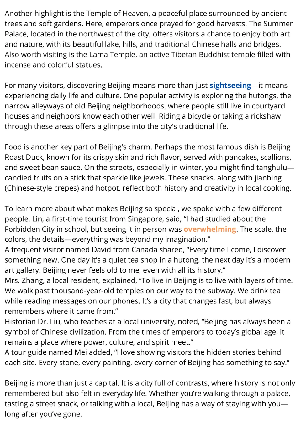 Beijing reading passage, part 2: temples, hutongs, local foods, and perspectives from visitors and residents.