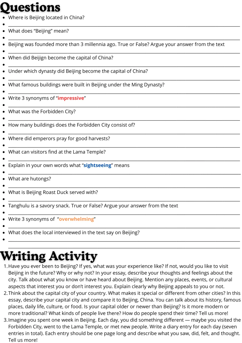 Beijing follow-up tasks: 17 comprehension and vocabulary questions plus three essay and diary writing prompts.